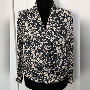 Pleoine New Women's Wrap Front Floral Blouse Top Size S Business Casual Black